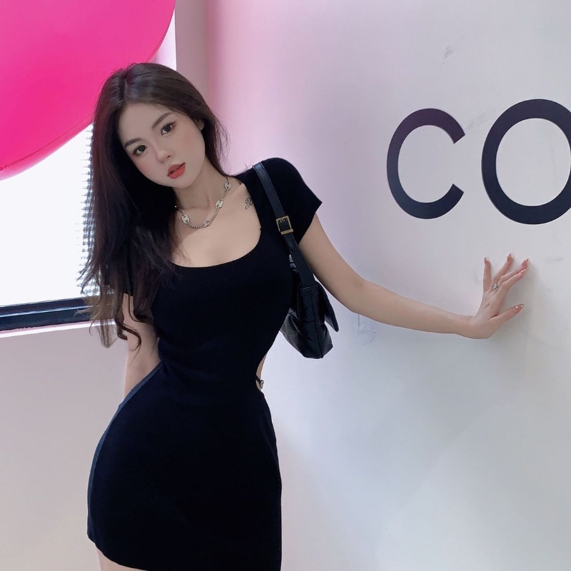 COZOK Đầm Tay Ngắn Dáng Ôm Thiết Kế Khoét Lỗ Thời Trang Quyến Rũ Cho Nữ