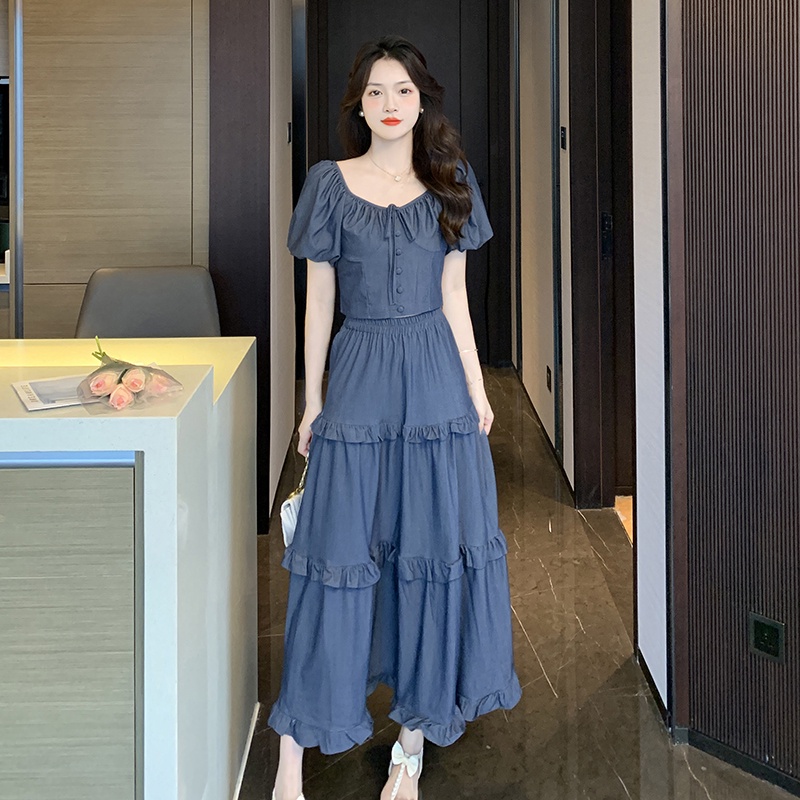 Set Áo Ren Ngắn Tay + Chân Váy Lưng Cao Thời Trang Nữ