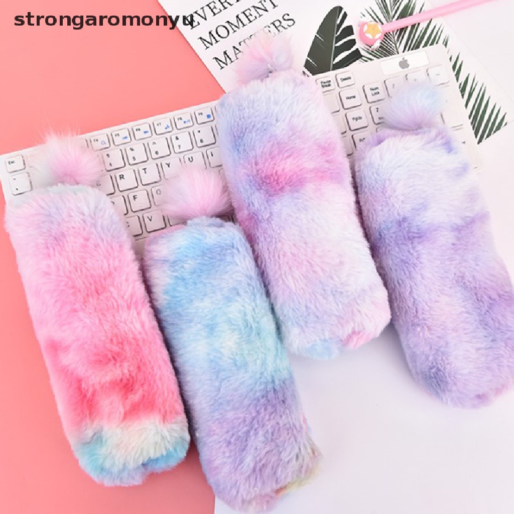 Túi Đựng Bút Bằng Lông Nhung Màu Sắc Gradient Dễ Thương Có Khóa Kéo