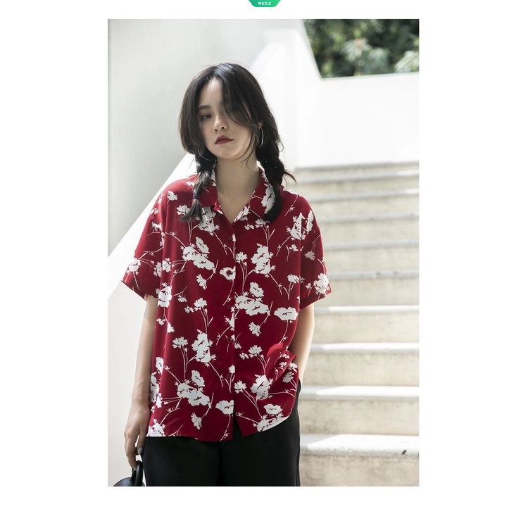 Áo Sơ Mi Chiffon Tay Ngắn Màu Đỏ In Họa Tiết Vintage Thời Trang Mùa Hè 2023 Cho Nữ