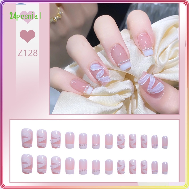 Móng Tay Giả Màu Sắc Nhẹ Nhàng Đính Ruy Băng Ngọc Trai Phong Cách Pháp Mặc Bán Sỉ