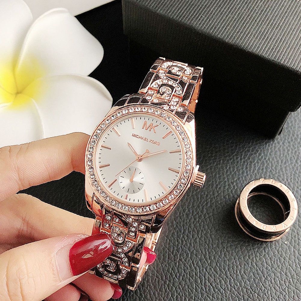 Đồng Hồ Đeo Tay Mặt Tròn Đính Đá Thời Trang Công Sở Cho Nữ