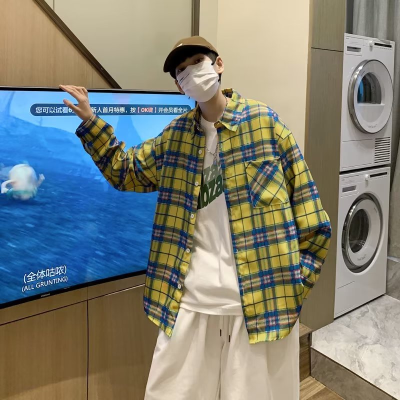 Áo Sơ Mi Khoác Ngoài Dài Tay Dáng Rộng Họa Tiết Sọc Caro Cao Cấp Thời Trang Cho Nam