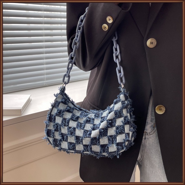 Túi Đeo Vai Họa Tiết Sọc Caro Chất Liệu Denim Thời Trang Mùa Hè Cho Nữ