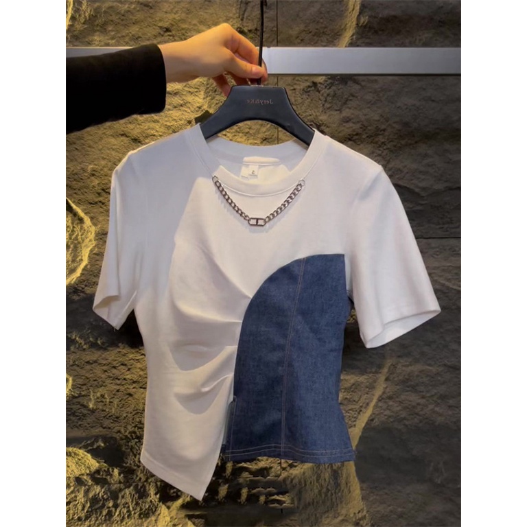 Áo Thun Cotton Ngắn Tay Phối Dây Xích Lệch Tà Thời Trang Mùa Hè Hàng Mới Dành Cho Bạn Nữ
