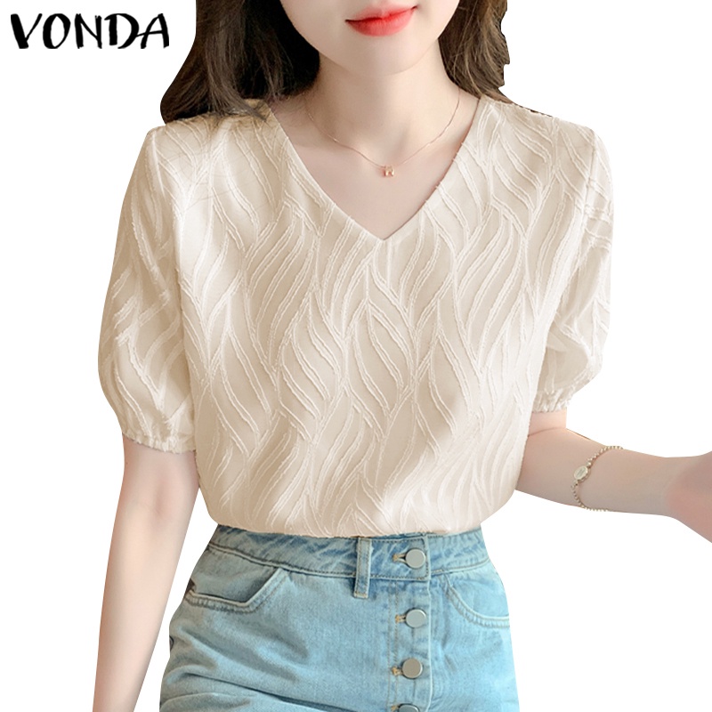 Áo kiểu VONDA ngắn tay cổ chữ V phong cách Hàn Quốc thời trang thanh lịch dành cho nữ
