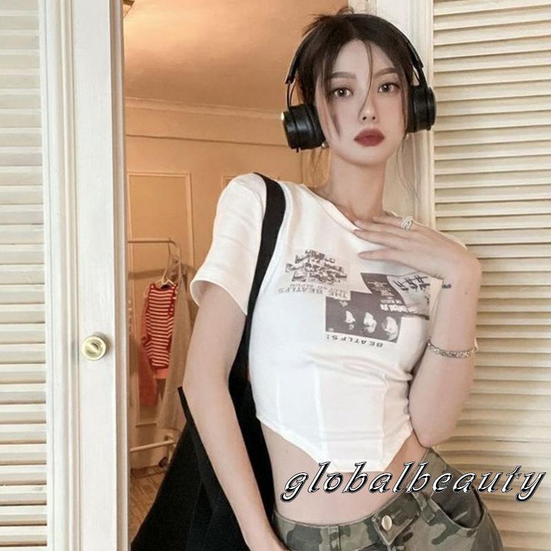 Áo Thun Crop Top Tay Ngắn Cổ Tròn Dáng Ôm In Họa Tiết Phong Cách Vintage Dành Cho Nữ