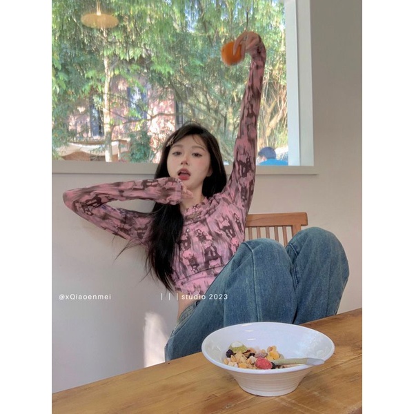 COZOK Áo Thun Tay Dài Dáng Ngắn Nhuộm Màu Thời Trang Quyến Rũ Cho Nữ