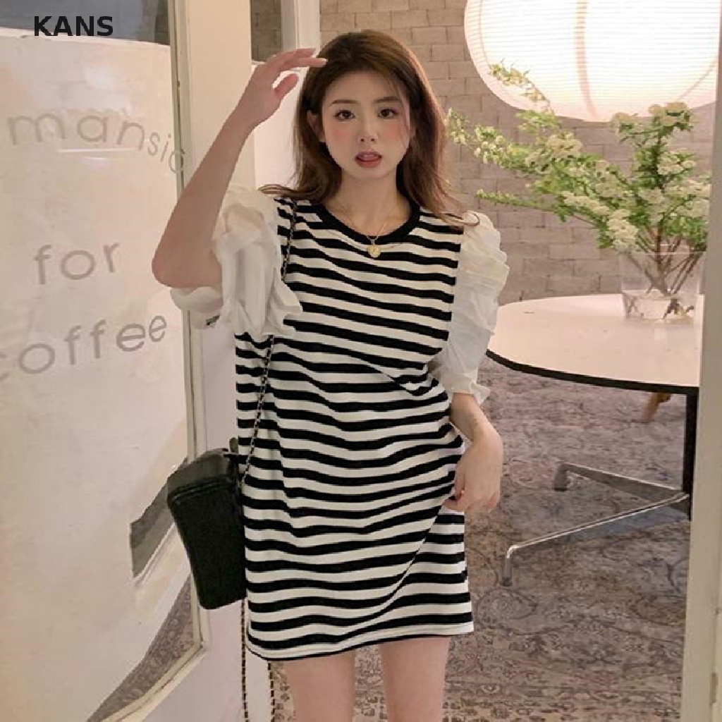 Đầm Mini Cổ Tròn Tay Cánh Bướm Họa Tiết Kẻ Sọc Màu Sắc Thời Trang Hàn Quốc Cho Nữ