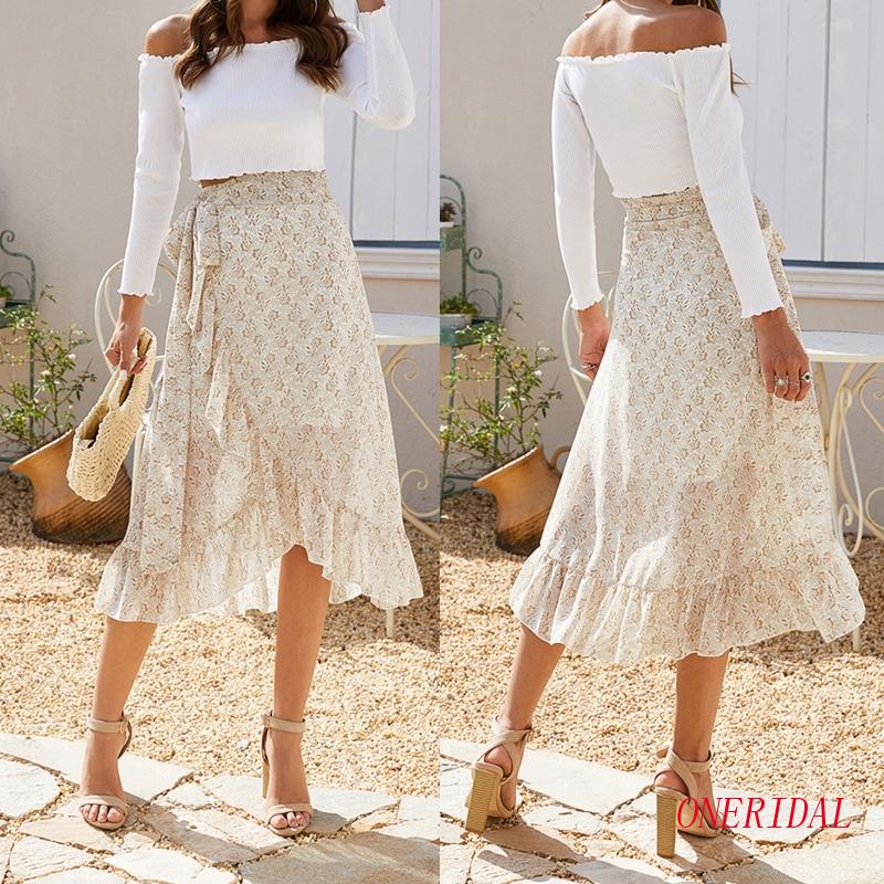 Chân Váy Midi Dài Dáng Chữ A Lưng Cao In Họa Tiết Hoa Phối Bèo Và Thắt Nơ Xinh Xắn Thời Trang Mùa Hè Cho Nữ