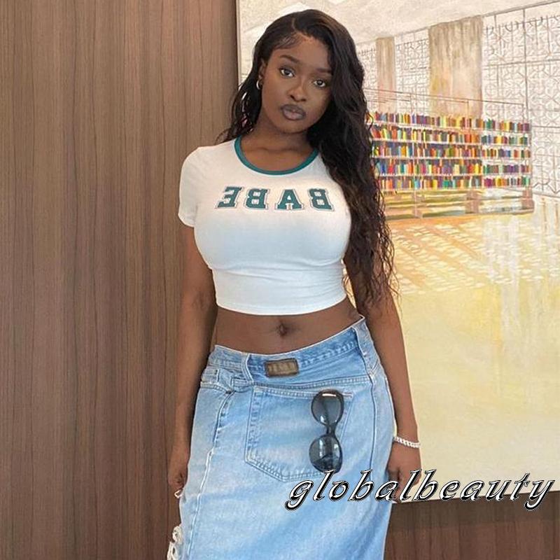 Áo Croptop Tay Ngắn Cổ Tròn In Chữ Phong Cách Đường Phố Cho Nữ