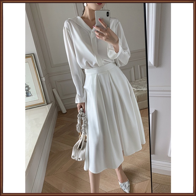 Áo Tay Dài Ống Loe Phối Bèo Và Chân Váy Lưng Cao Màu Sắc Trơn Dành Cho Nữ