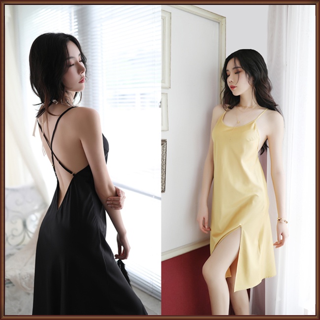 Đầm Ngủ Hai Dây Dáng Dài Bằng Vải Satin Viền Chéo Lưng Gợi Cảm Cho Nữ