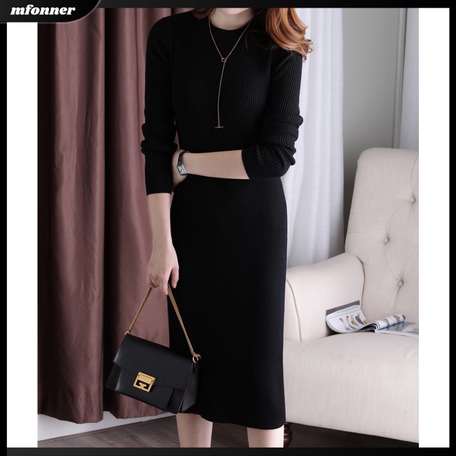 Đầm Dệt Kim Tay Dài Cổ Tròn Màu Trơn Thời Trang Dành Cho Nữ