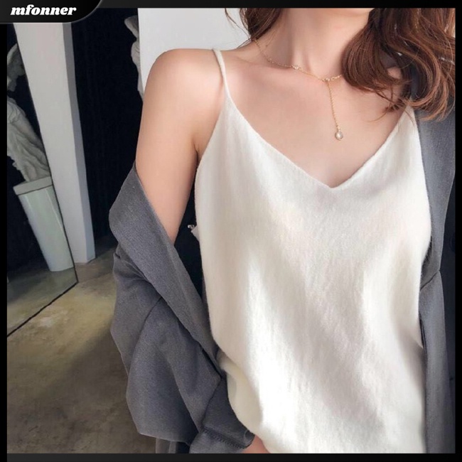 Áo Tank Top Dệt Kim Dáng Rộng Cổ Chữ V Màu Trơn Thời Trang Quyến Rũ Cho Nữ