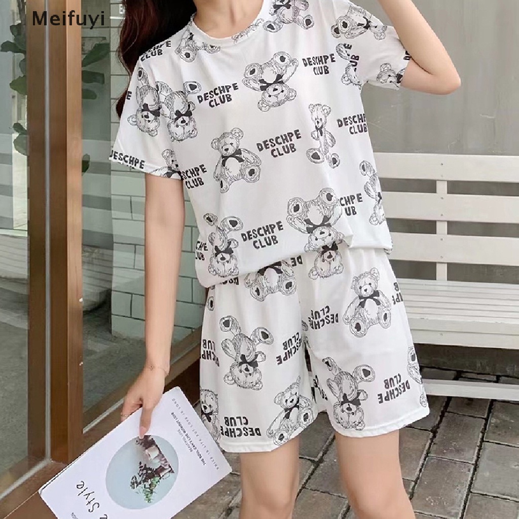 Bộ Đồ Ngủ Áo Thun Tay Ngắn Phối Quần Short Vải Lụa Lạnh Dáng Rộng In Hình Gấu Thời Trang Cho Nữ