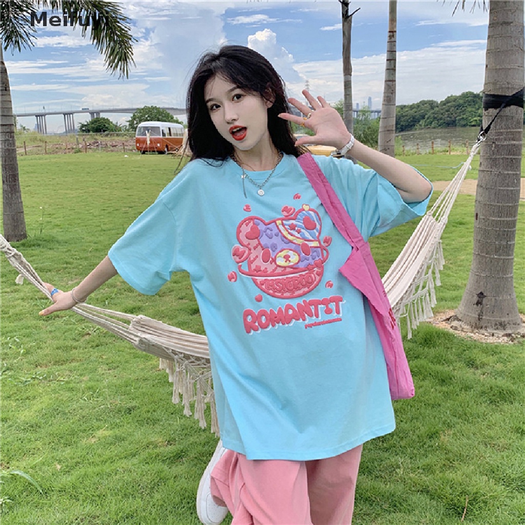 Áo Thun Ngắn Tay Cổ Tròn Dáng Rộng In Hình Gấu Hoạt Hình Thời Trang Mùa Hè Giản Dị Dành Cho Nữ