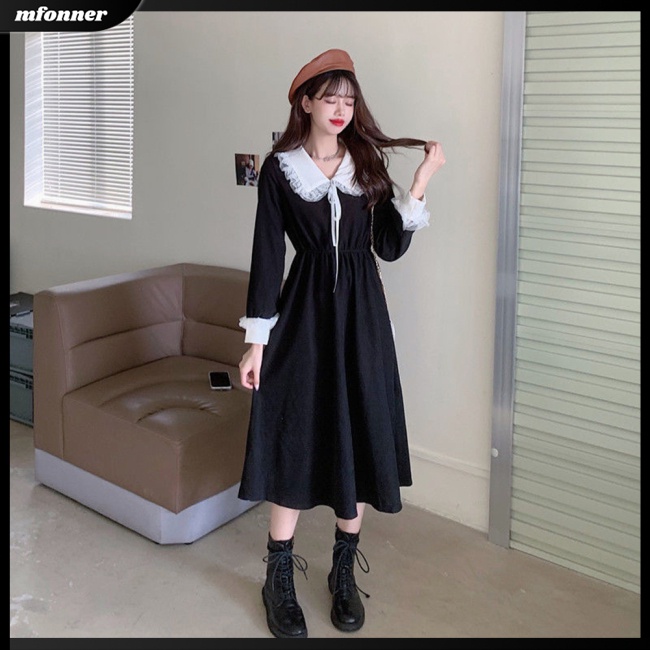 Đầm Tay Dài Cổ Búp Bê Phối Ren Dáng Chữ A Thời Trang Năm Mới Cho Nữ