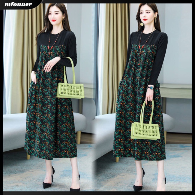 Đầm Giả Hai Lớp Tay Dài Cổ Tròn In Họa Tiết Hoa Dáng Rộng Thời Trang Cho Nữ