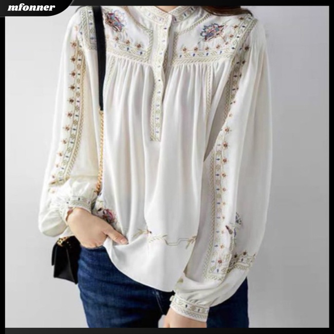 Áo Sơ Mi Tay Phồng Cổ Đứng Màu Trơn In Họa Tiết Phong Cách Retro Thời Trang Cho Nữ