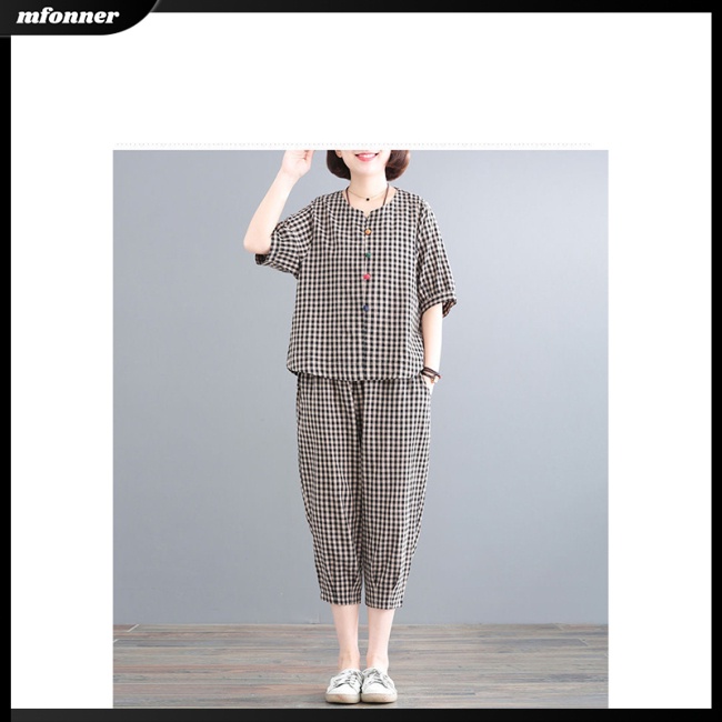 Set Đồ 2 Món Áo Croptop Tay Ngắn Và Quần Dài Họa Tiết Caro Thời Trang Cho Nữ