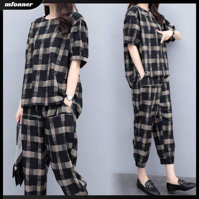 Bộ Đồ 2 Món Áo Thun Tay Ngắn Phối Quần Dài Họa Tiết Caro Thời Trang