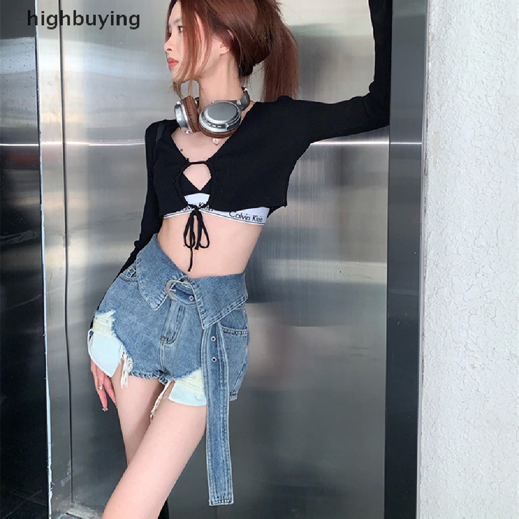 Quần Short Denim Lưng Cao Ống Rộng Phối Rách Kiểu Vintage Cá Tính Cho Nữ