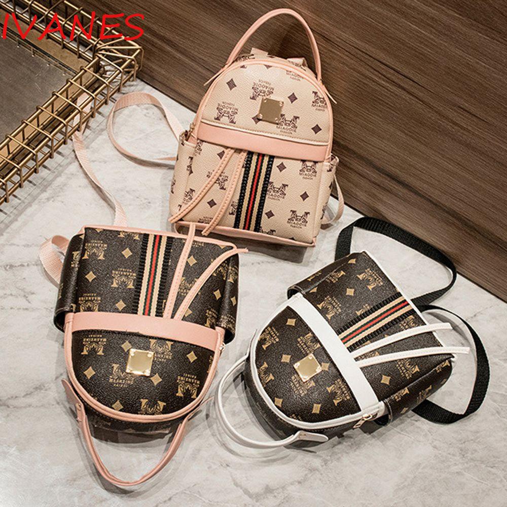 Balo Da PU Mini Họa Tiết Sọc In Chữ Phong Cách Vintage Dành Cho Nữ