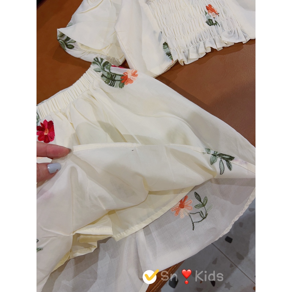 SET Váy maxi hoa kem dáng dài áo có bo siêu thoải mái cho bé