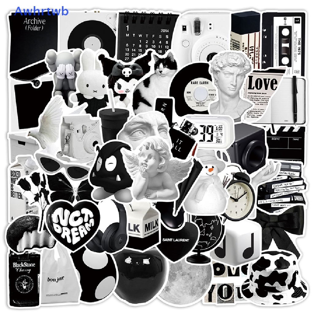 Set 50 Sticker Màu Trắng Đen Trang Trí Sổ Tay DIY Mới