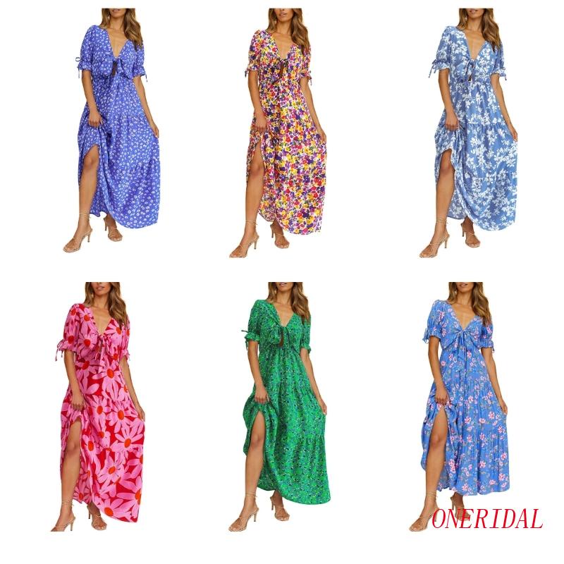 Đầm Maxi Tay Ngắn Cổ Chữ V Thắt Nút Trước In Họa Tiết Hoa Phong Cách Boho Dành Cho Nữ