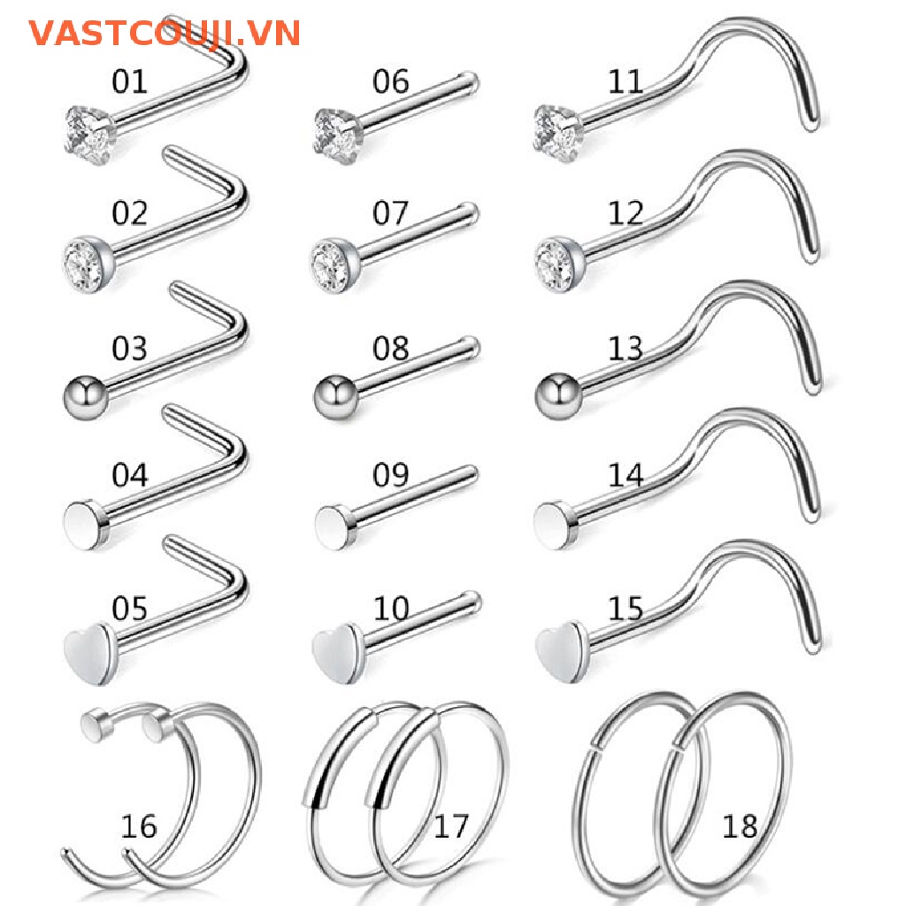 Bộ Khuyên Mũi Thẳng / Cong Bằng Thép Không Gỉ 20G VASTJI