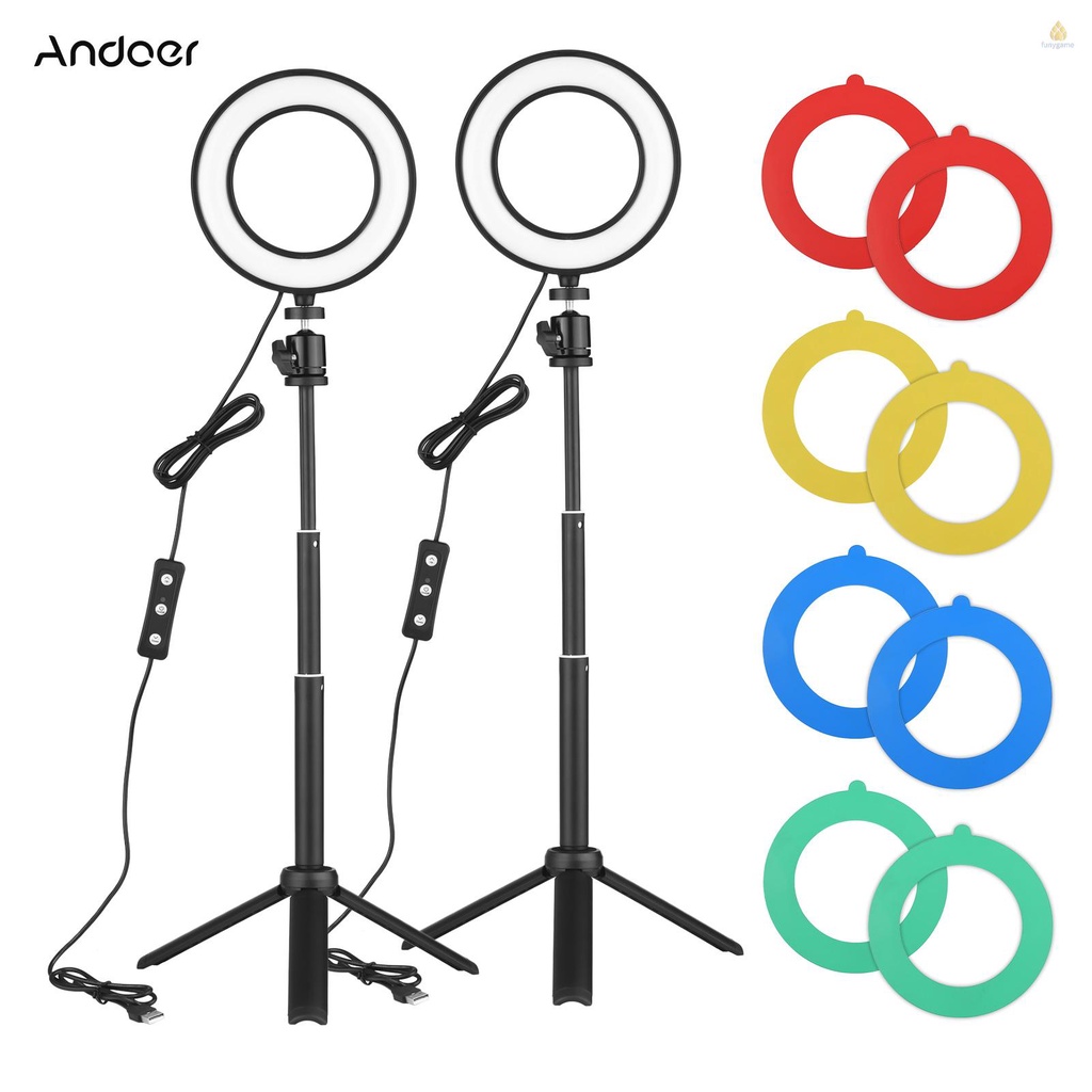 Bộ Vòng Đèn LED Andoer PH-01 6 Inch 2 * 5600K USB + 2 * 2 Đầu Bi Kim Loại + 8 Tấm Lọc Màu (Đỏ / Vàng / Xanh Lá / Xanh Lá) Để Bàn