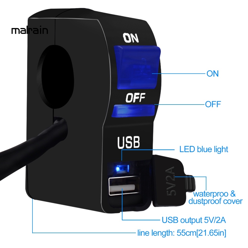 Công Tắc Đèn Pha Xe Máy 12V Có Đèn Báo Hiệu Một Cổng Sạc Màu Trong Suốt