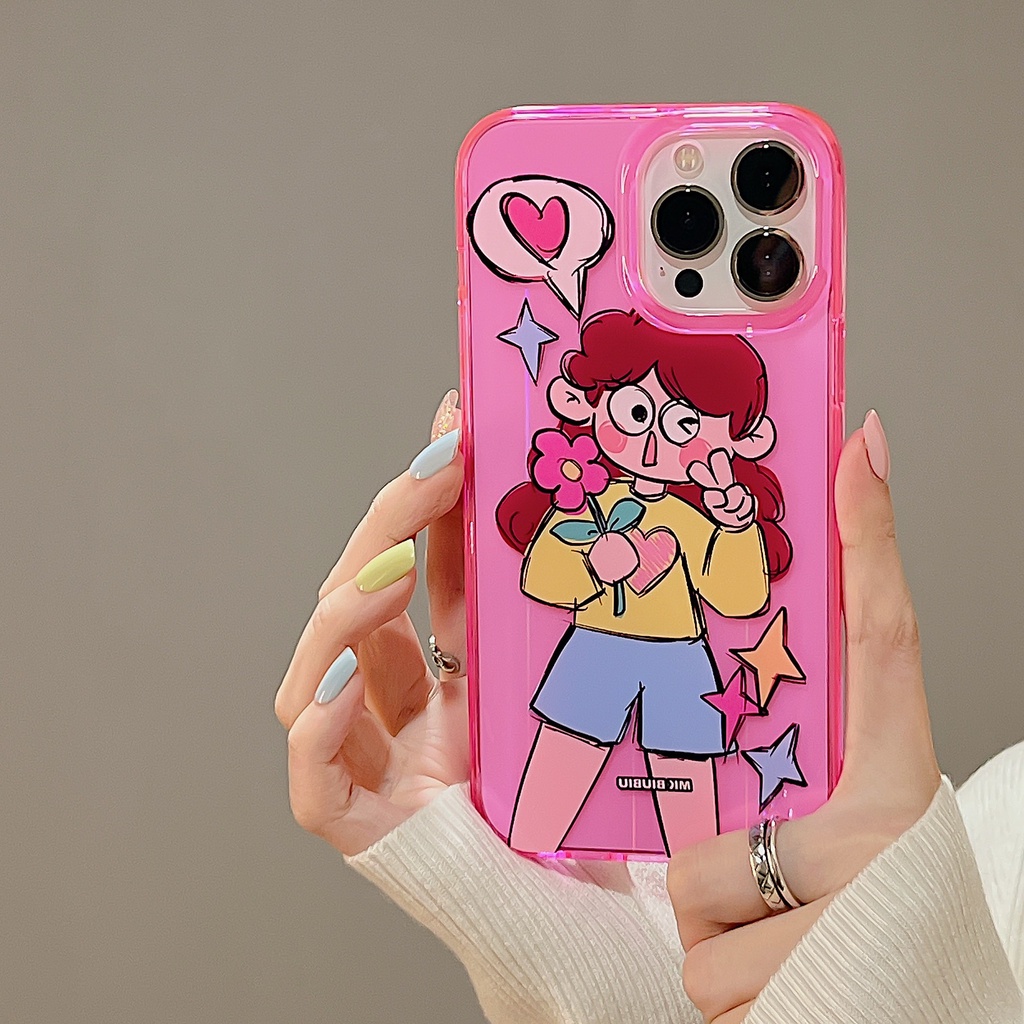 Ốp Điện Thoại Silicon Họa Tiết Hoạt Hình Cô Gái &amp; Hoa Xinh Xắn Chống Sốc Cho iPhone 14 13 12 11 Pro Max