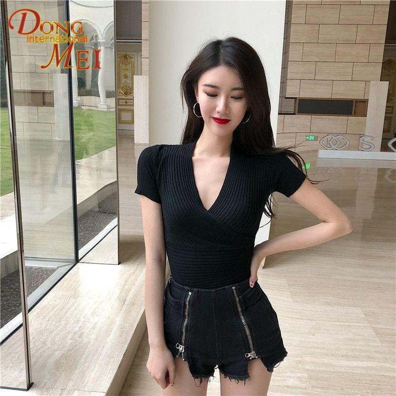 Áo Thun Dệt Kim Cổ Chữ V Lưng Cao Ôm Dáng Thời Trang Mùa Hè Hàn Quốc 2023 Cho Nữ
