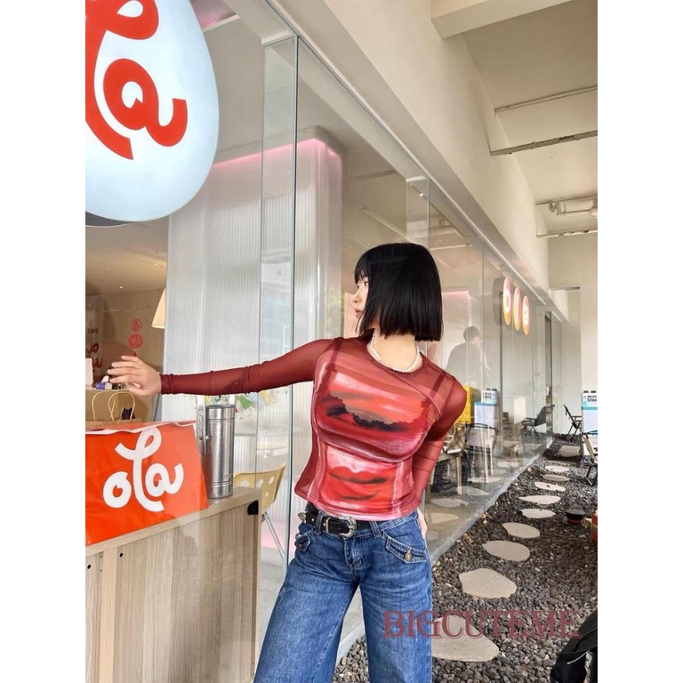 [] Áo Crop Top Lưới Mỏng Tay Dài Xuyên Thấu Cổ Tròn In Họa Tiết Vintage Ôm Dáng Phong Cách Đường Phố Mùa Xuân Cho Nữ