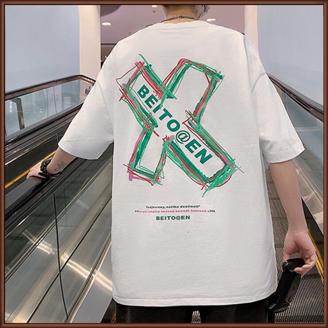 Áo Thun Tay Ngắn Cổ Tròn Dáng Rộng Vải Cotton In Họa Tiết Cá Tính Cho Nam