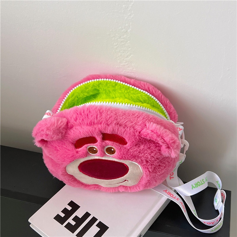 Favour Túi Đeo Chéo Hình Tròn Nhỏ Ba Mắt Phối Lông Xù Hình Gấu Dâu Tây Dễ Thương Dành Cho Bạn Nữ / Bé Trai