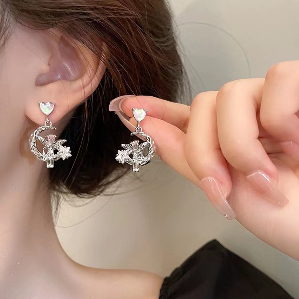 1 Đôi Bông Tai Hình Trái Tim / Ngôi Sao Đính Đá Mặt Trăng Không Gây Dị Ứng Thời Trang