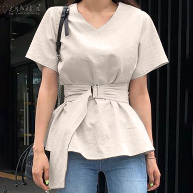 Zanzea Áo Kiểu Tay Ngắn Cổ Chữ V Có Nút Thắt Lưng Tháo Rời Được Phong Cách Hàn