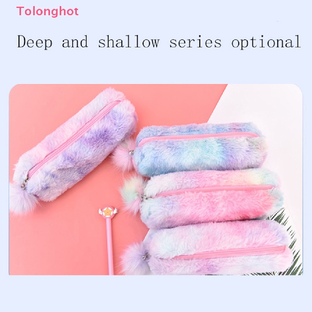 Tolonghot > Túi Đựng Bút Hình Bát Giác Phối Lông Màu Gradient Dễ Thương Cho Nữ