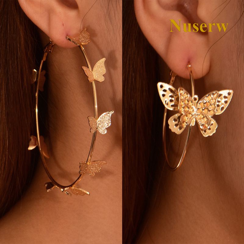 Khuyên Tai Vòng Lủng Lẳng Mặt Bướm Đính Đá Zircon Lớn Màu Vàng Kim Cho Nữ
