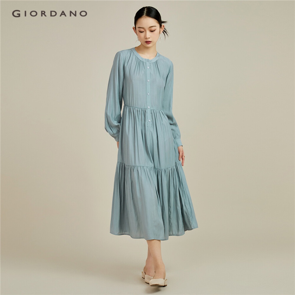 GIORDANO WOMEN Tie waist long sleeve crewneck ruffle dress 18463202