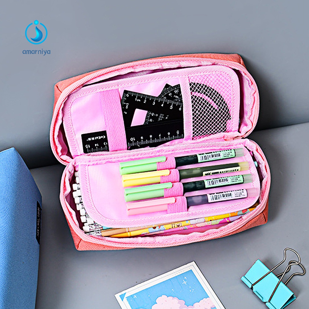 (Shop Amart) Túi Đựng Bút Bằng Vải Canvas Phối Lưới Có Dây Kéo