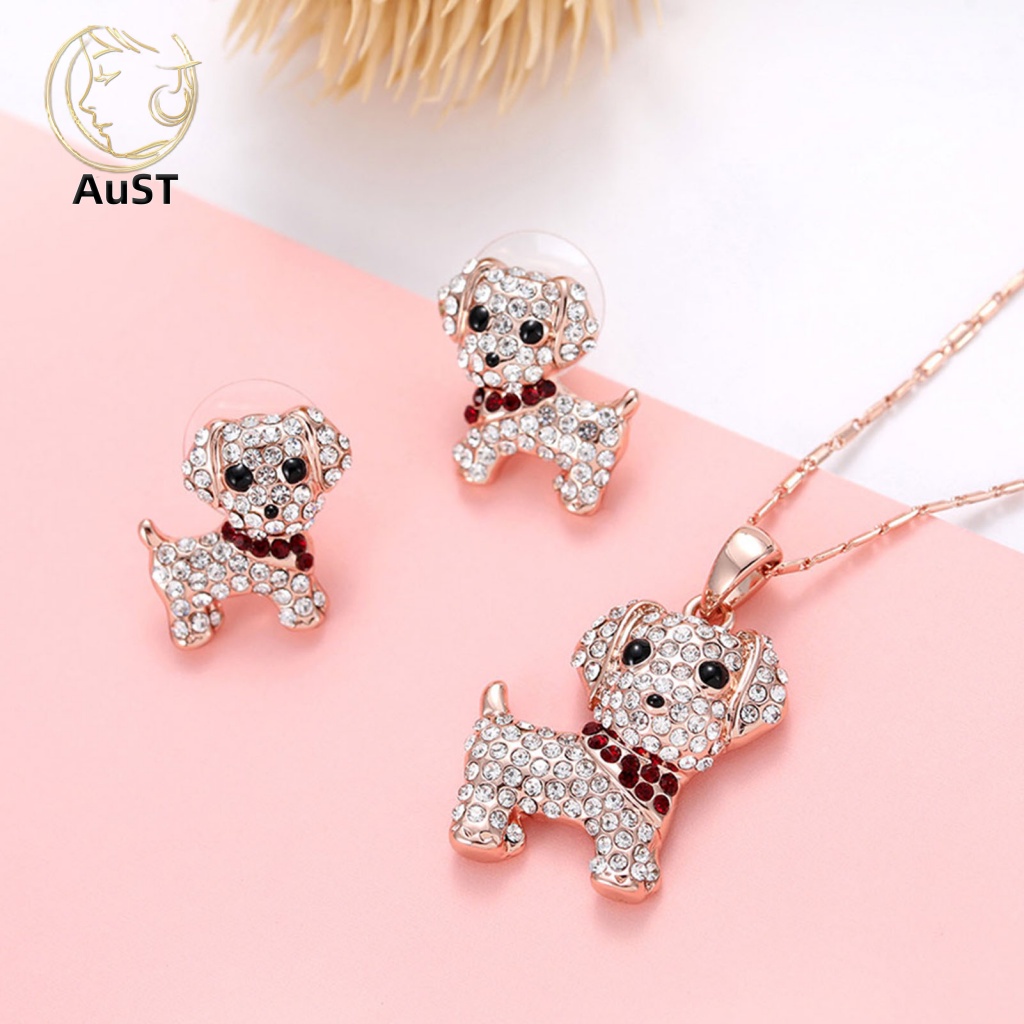 1 Bộ Vòng cổ + Bông Tai Thời Trang Hình Cún Con Đính Đá Lấp Lánh