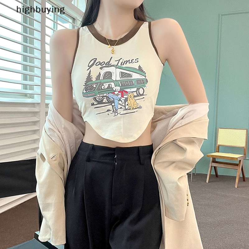 Áo Hai Dây Cổ Tròn In Họa Tiết Màu Sắc Tương Phản Phong Cách Retro Cho Nữ