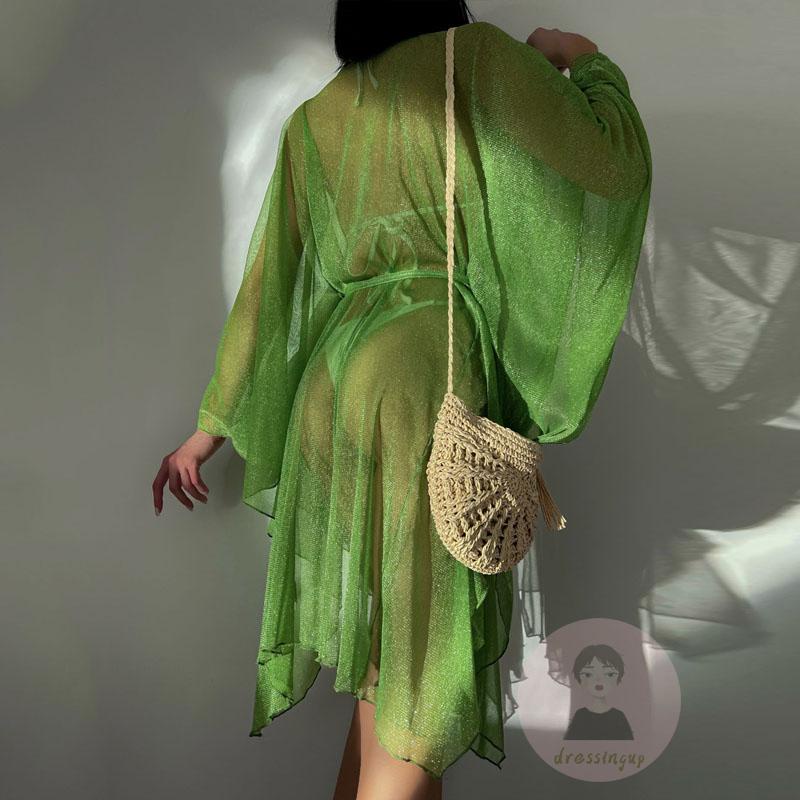 Áo Kiểu Nữ Tay Dài Cổ Chữ V Màu Xanh Lá Thời Trang Mùa Hè
