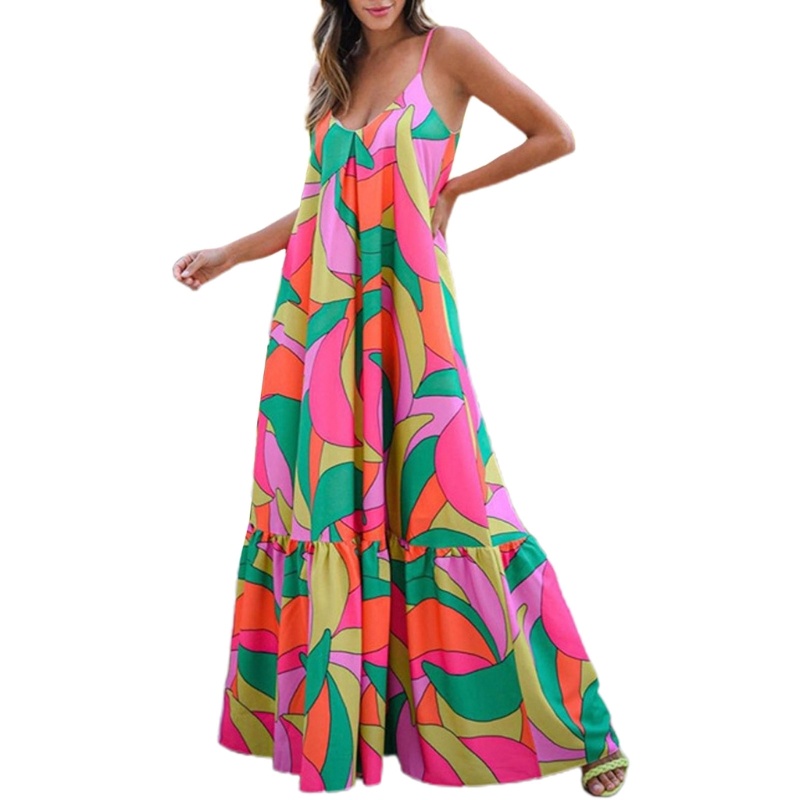 Đầm Dài Không Tay Cổ Chữ V Sâu Hở Lưng In Họa Tiết Nhiều Màu Phong Cách Boho Thời Trang Mùa Hè Cho Nữ