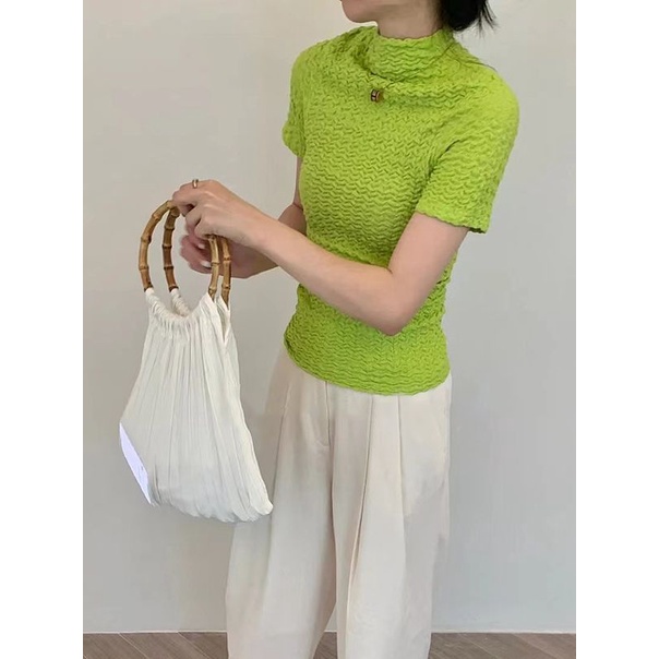 LOW classi half-high collar short sleeve solid color elastic T-shirt women's pleated slim zip top